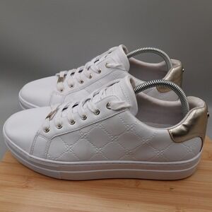 Nine West Shoes Women 11M White Gold Quilted Logo Lace Up Fashion Sneakers Flaws